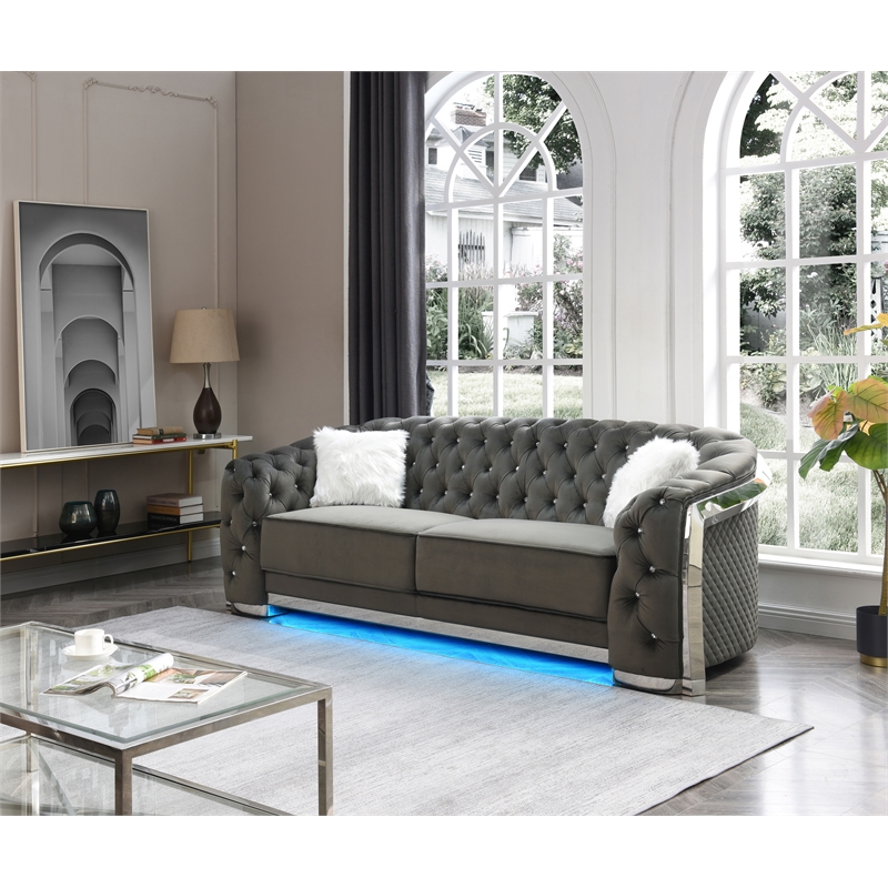 Maklaine Contemporary Glory Gray Velvet Sofa With LED Accent Lighting