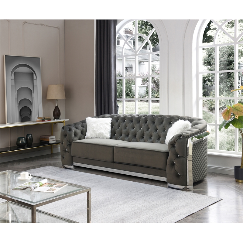 Maklaine Contemporary Glory Gray Velvet Sofa With LED Accent Lighting