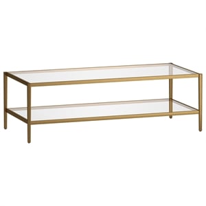 Maklaine 54&quot Antique Brass Finish Coffee Table with Clear Glass Shelf