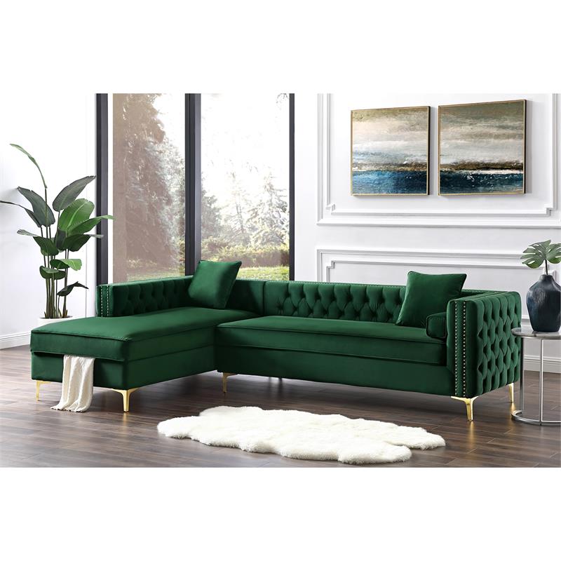 Maklaine Green Velvet 70L x 115W x 30H Gold Nailhead Trim Button Tufted