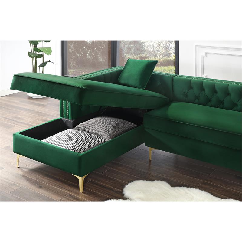 Maklaine Green Velvet 70L x 115W x 30H Gold Nailhead Trim Button Tufted