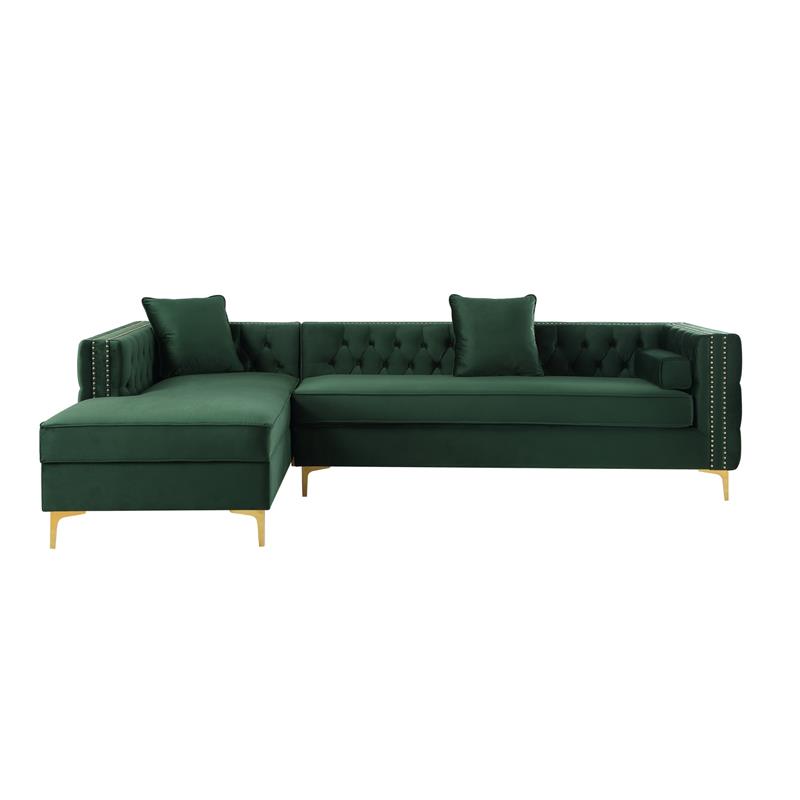 Maklaine Green Velvet 70L x 115W x 30H Gold Nailhead Trim Button Tufted