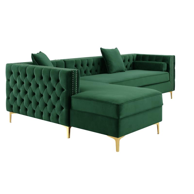 Maklaine Green Velvet 70L x 115W x 30H Gold Nailhead Trim Button Tufted
