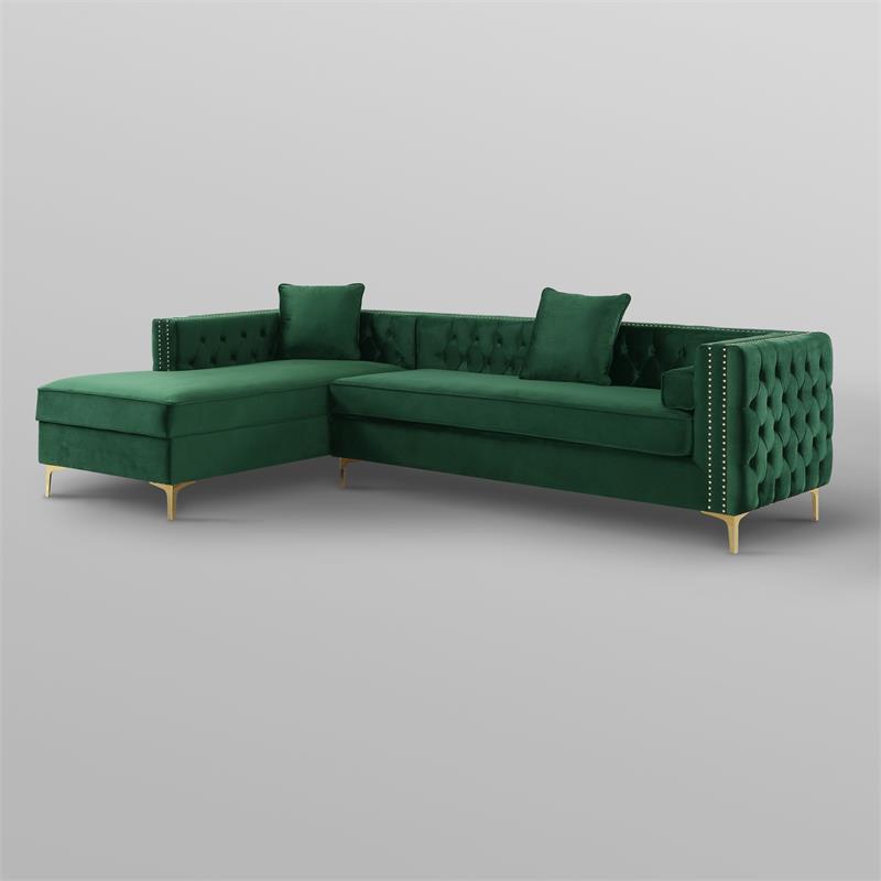 Maklaine Green Velvet 70L x 115W x 30H Gold Nailhead Trim Button Tufted