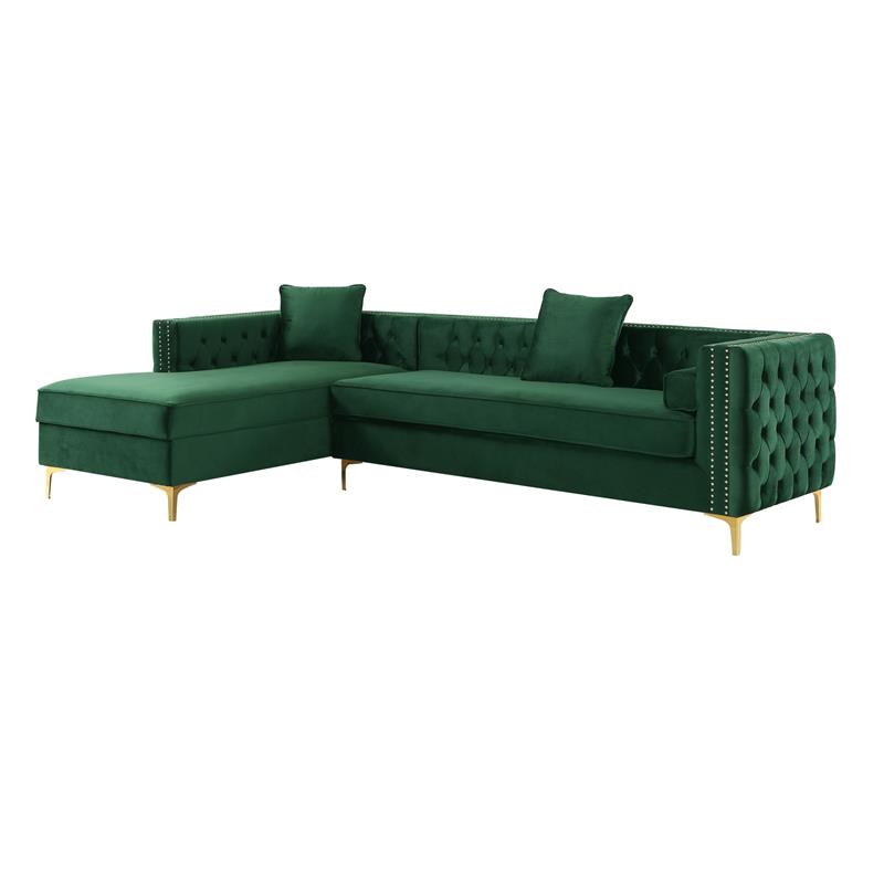 Maklaine Green Velvet 70L x 115W x 30H Gold Nailhead Trim Button Tufted
