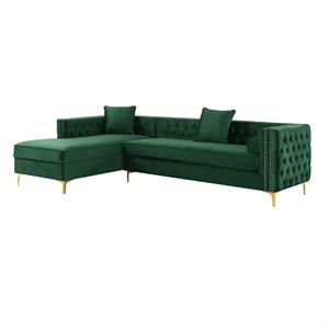 Maklaine Green Velvet 70L x 115W x 30H Gold Nailhead Trim Button Tufted
