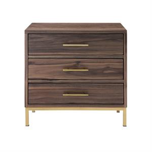 maklaine contemporary 3-drawer nightstand with metal base in walnut/gold