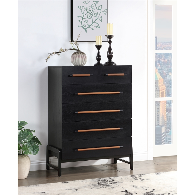 Maklaine Contemporary Black Chest with Vegan Leather Upholstered Handles