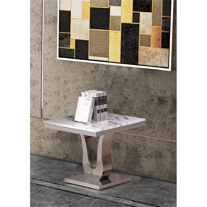 Maklaine Genuine White Marble End Table with Silver Stainless Steel Base