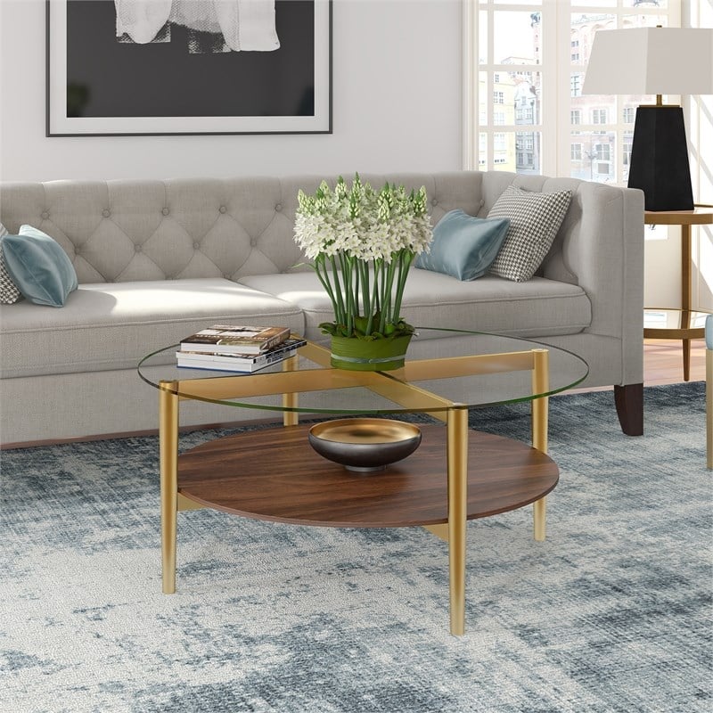Maklaine Mid-Century Brass Metal Round Coffee Table with Walnut Wood Shelf