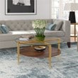 Maklaine Mid-Century Brass Metal Round Coffee Table with Walnut Wood Shelf