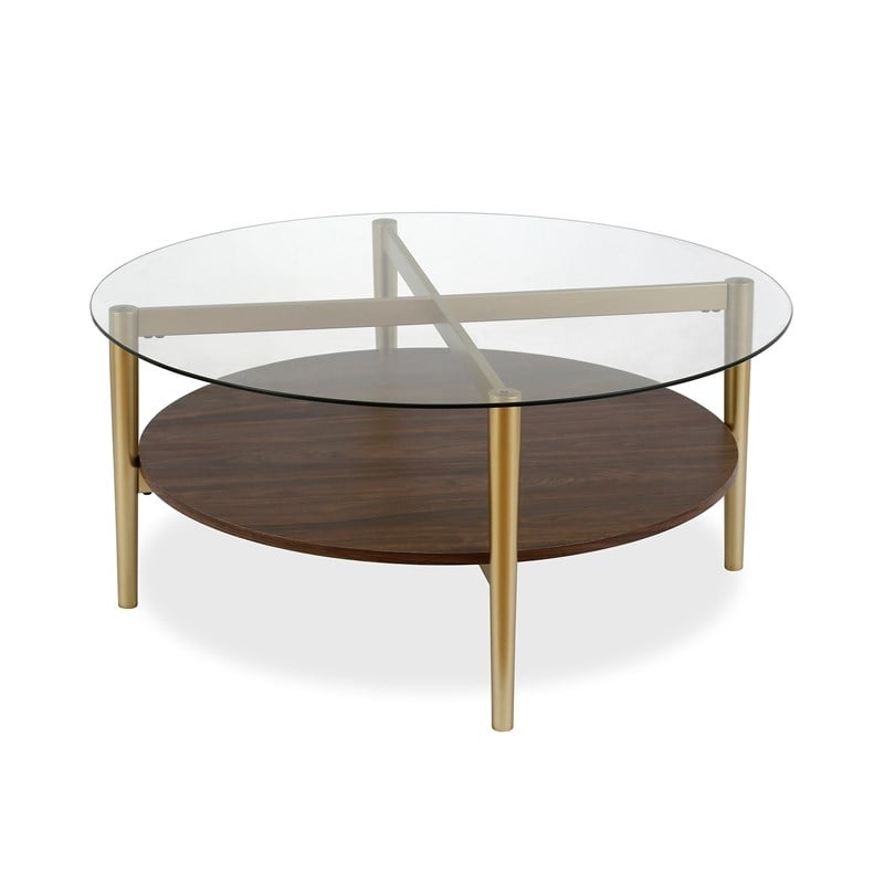 Maklaine Mid-Century Brass Metal Round Coffee Table with Walnut Wood Shelf