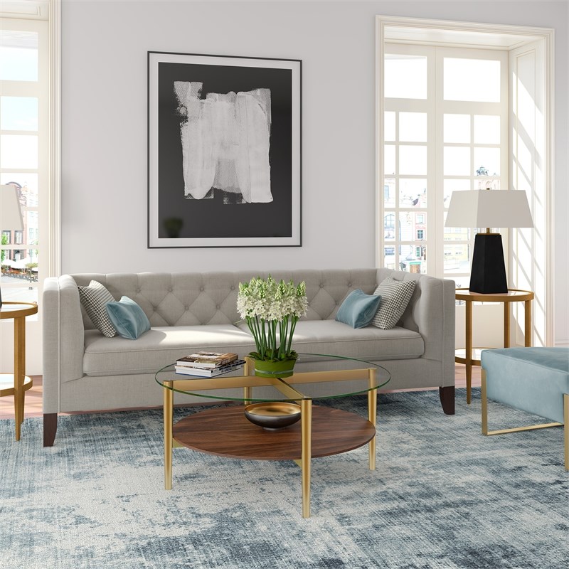 Maklaine Mid-Century Brass Metal Round Coffee Table with Walnut Wood Shelf