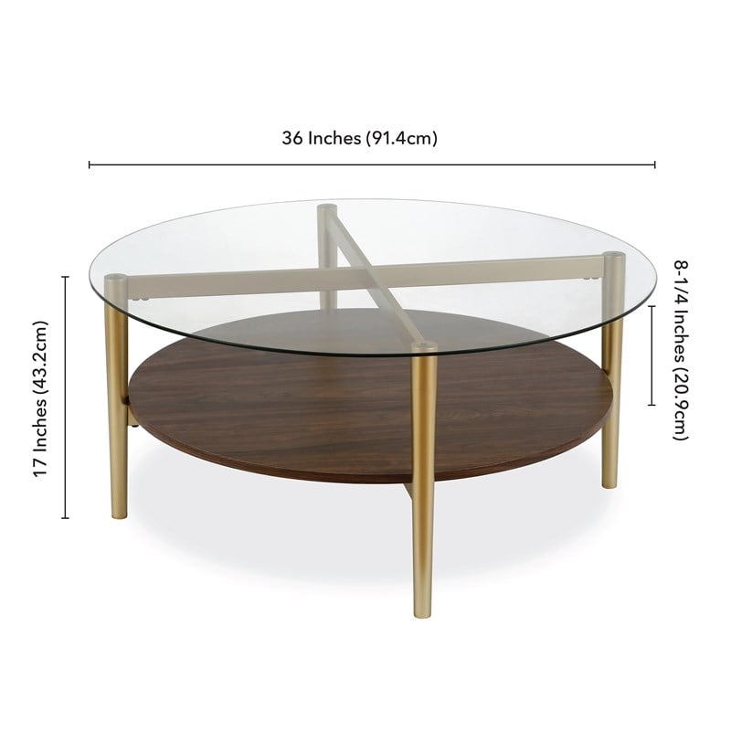Maklaine Mid-Century Brass Metal Round Coffee Table with Walnut Wood Shelf