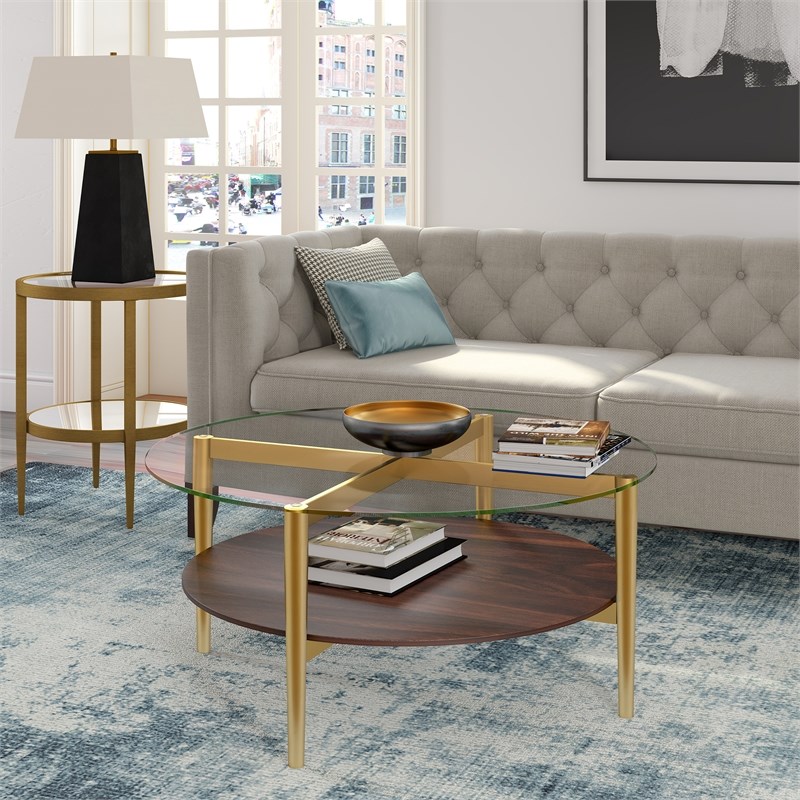 Maklaine Mid-Century Brass Metal Round Coffee Table with Walnut Wood Shelf