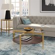 Maklaine Mid-Century Brass Metal Round Coffee Table with Walnut Wood Shelf