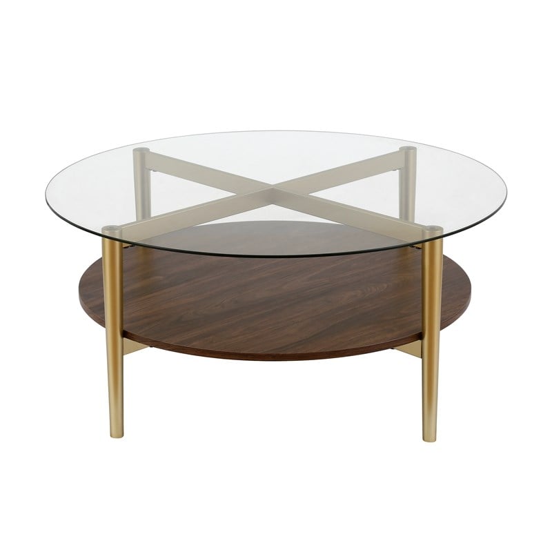 Maklaine Mid-Century Brass Metal Round Coffee Table with Walnut Wood Shelf