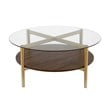 Maklaine Mid-Century Brass Metal Round Coffee Table with Walnut Wood Shelf