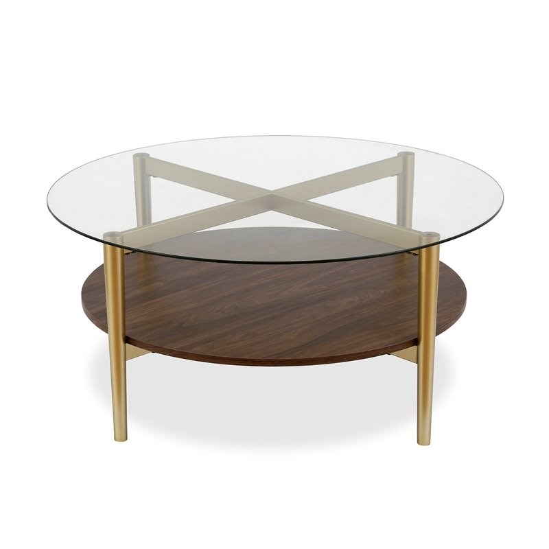Maklaine Mid-Century Brass Metal Round Coffee Table with Walnut Wood Shelf