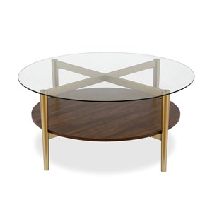 Maklaine Mid-Century Brass Metal Round Coffee Table with Walnut Wood Shelf