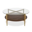 Maklaine Mid-Century Brass Metal Round Coffee Table with Walnut Wood Shelf