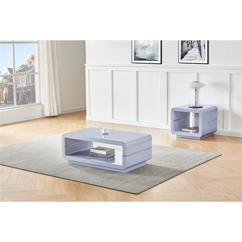 Maklaine Contemporary Wood End Table with Glossy Light Gray Lacquer Finish