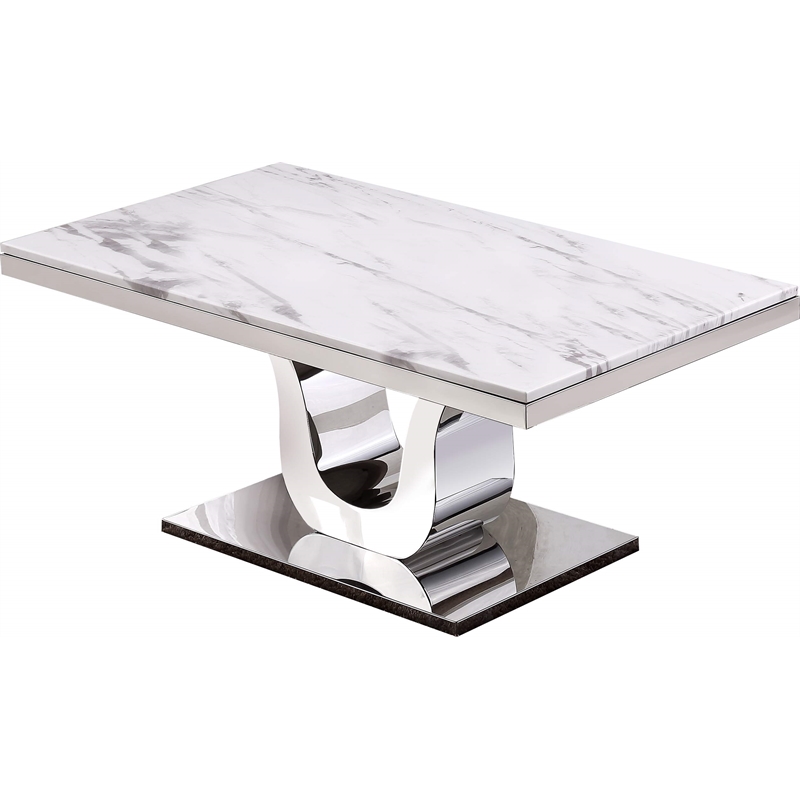 Maklaine Genuine White Marble Coffee Table with Silver Stainless Steel Base