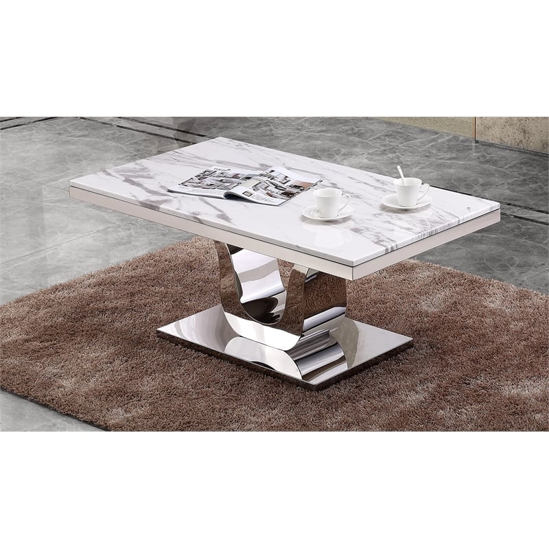 Maklaine Genuine White Marble Coffee Table with Silver Stainless Steel Base