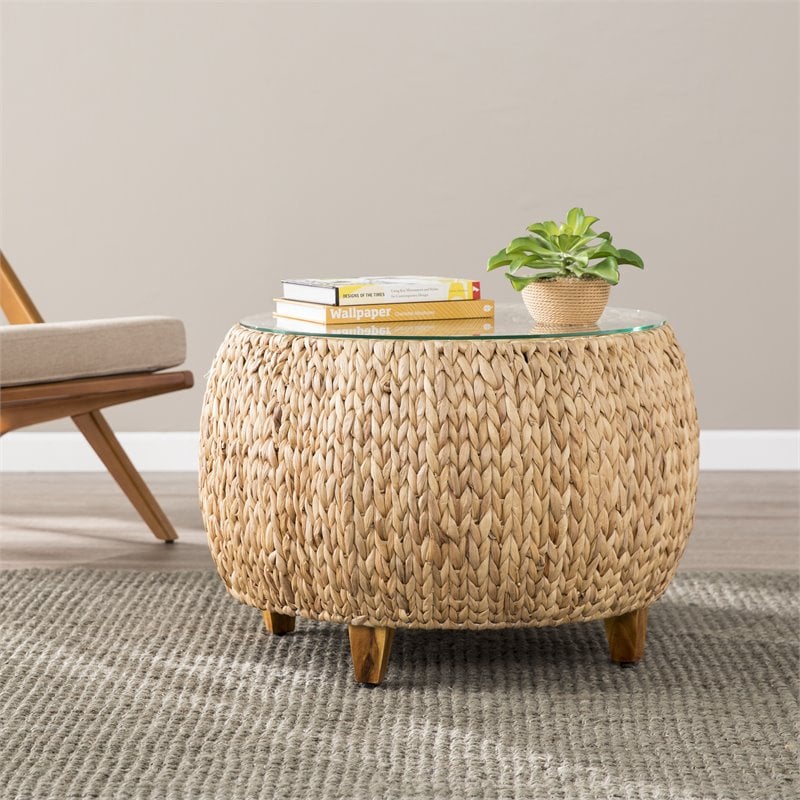 Maklaine Round Water Hyacinth with Tempered Glass Cocktail Table in Natural
