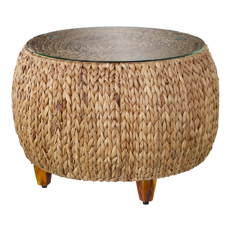 Maklaine Round Water Hyacinth with Tempered Glass Cocktail Table in Natural