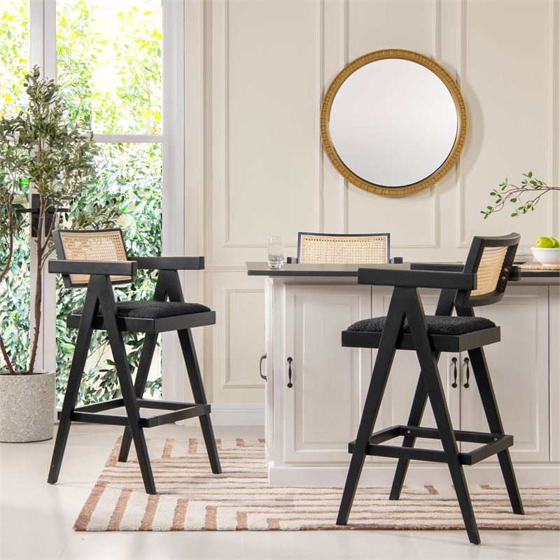 Maklaine Resin Webbing Back Bar Stool with Arms Set of 3 Ebony Black Boucle