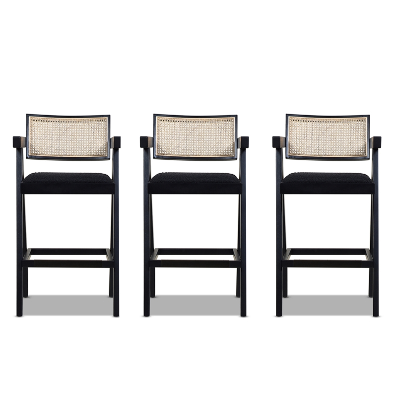Maklaine Resin Webbing Back Bar Stool with Arms Set of 3 Ebony Black Boucle