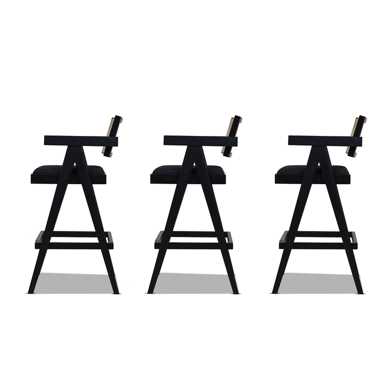 Maklaine Resin Webbing Back Bar Stool with Arms Set of 3 Ebony Black Boucle