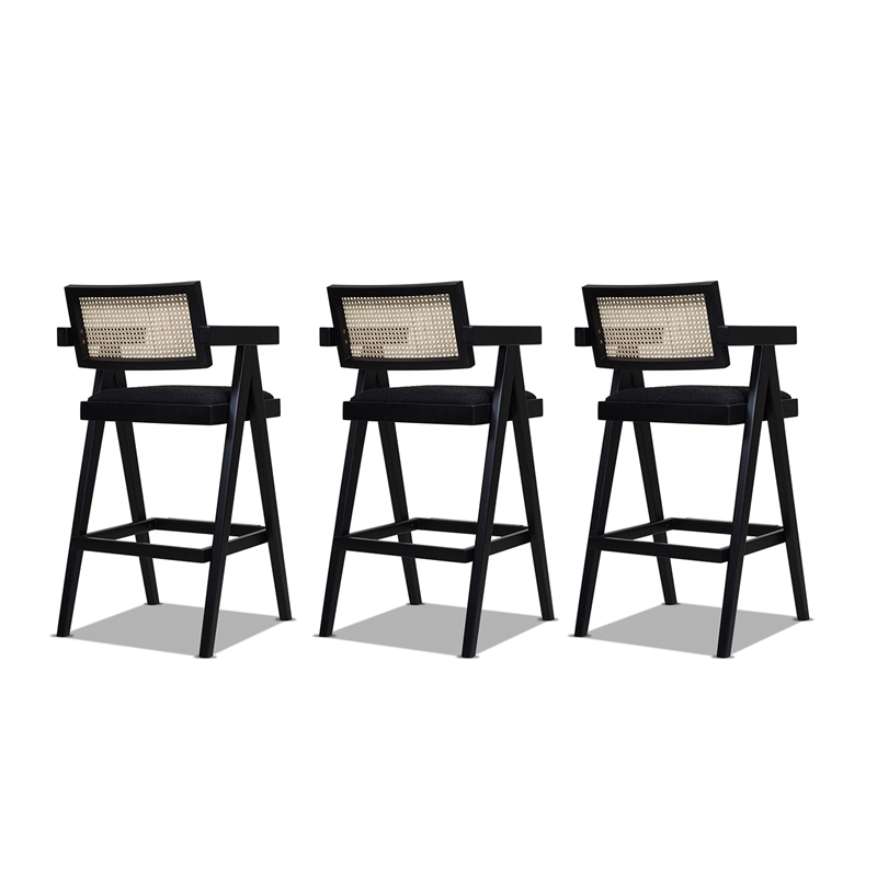 Maklaine Resin Webbing Back Bar Stool with Arms Set of 3 Ebony Black Boucle