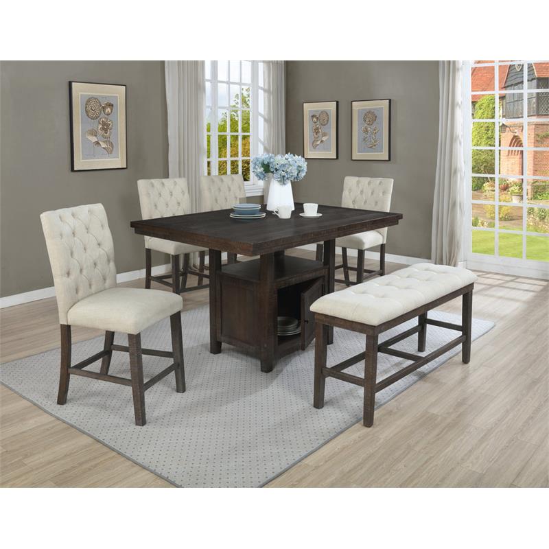 Maklaine Beige Fabric Upholstered Counter Height Rustic Dark Oak Dining Bench