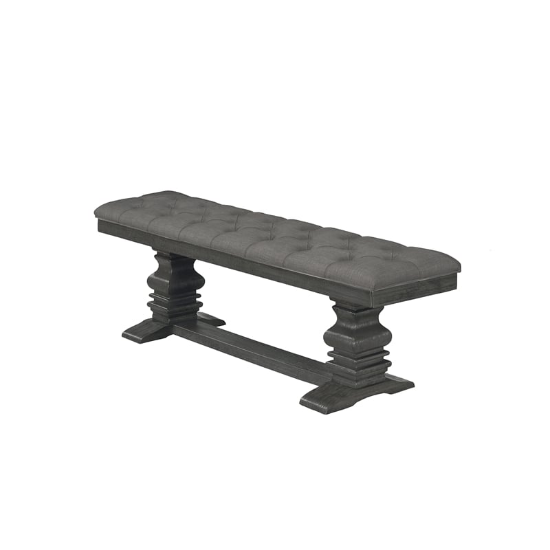Maklaine Dark Gray Linen Fabric Dining Bench in Dark Gray Wood and Tufted Seats