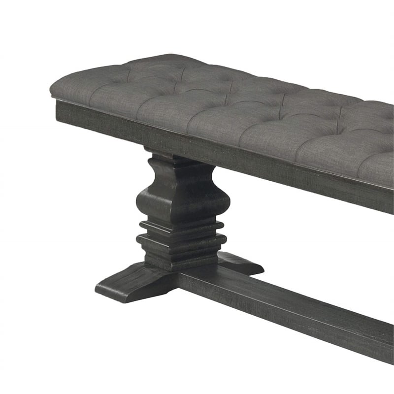 Maklaine Dark Gray Linen Fabric Dining Bench in Dark Gray Wood and Tufted Seats