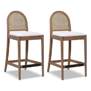 Maklaine 26.5&quot Curved Back Cane Rattan Counter Stool Set of 2 Ivory White Boucle