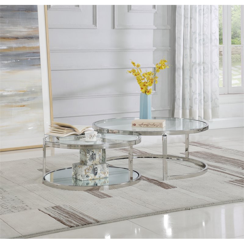 Maklaine Contemporary Steel and Glass 2-In-1 Nesting Cocktail Table Set in Clear