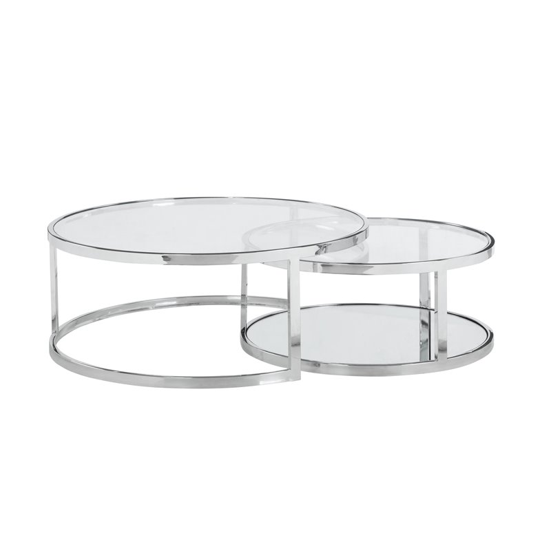 Maklaine Contemporary Steel and Glass 2-In-1 Nesting Cocktail Table Set in Clear