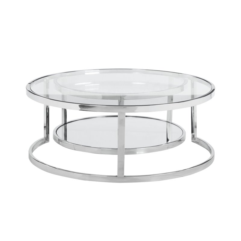 Maklaine Contemporary Steel and Glass 2-In-1 Nesting Cocktail Table Set in Clear