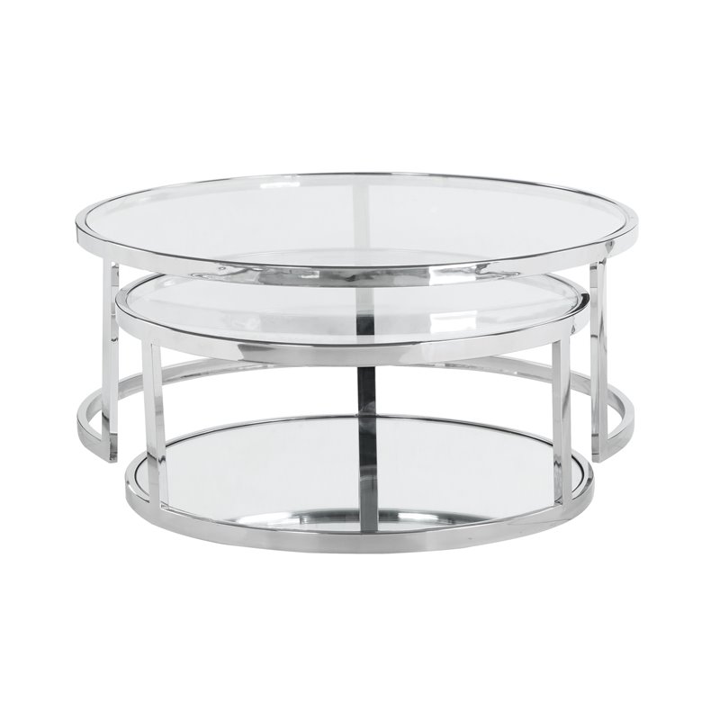 Maklaine Contemporary Steel and Glass 2-In-1 Nesting Cocktail Table Set in Clear