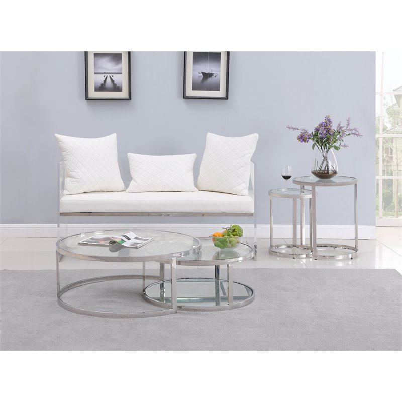 Maklaine Contemporary Steel and Glass 2-In-1 Nesting Cocktail Table Set in Clear