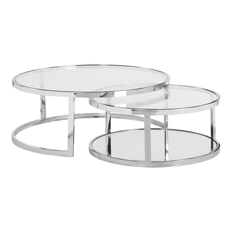 Maklaine Contemporary Steel and Glass 2-In-1 Nesting Cocktail Table Set in Clear