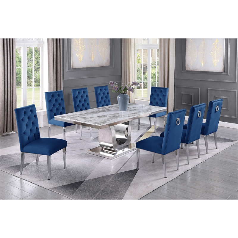 Maklaine Silver Stainless Steel 9Pc Dining Set with Marble Table and Navy Chairs
