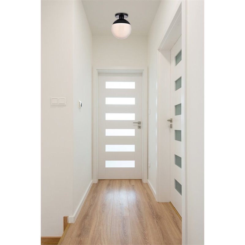 Maklaine 1-Light Metal & Glass Flush Mount in Frosted White/Black