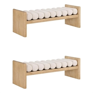 Maklaine Set of 2 Contemporary Natural Wood Bench with Cream Fabric Cushions
