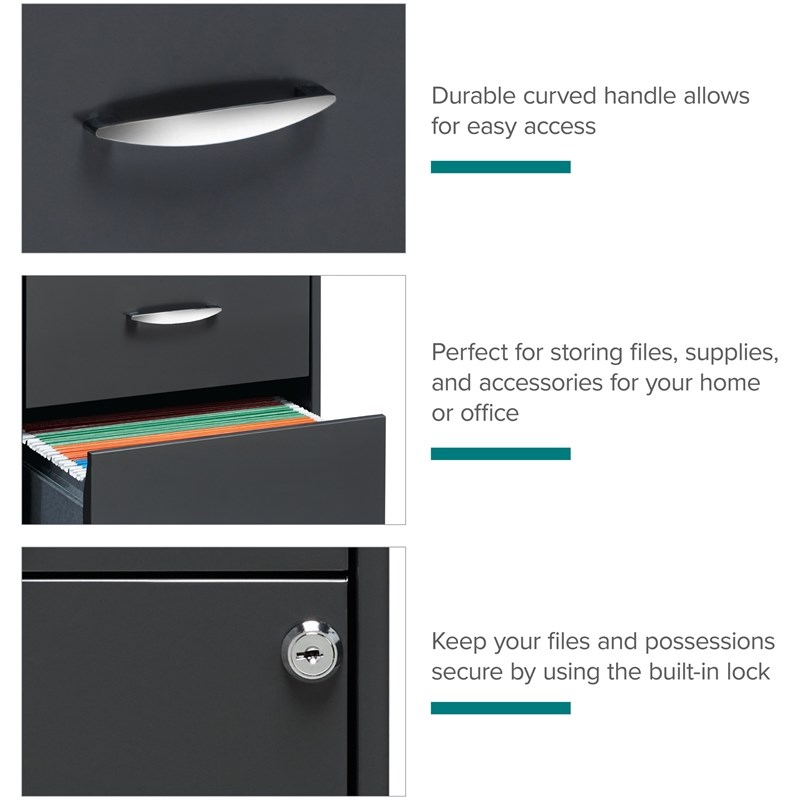 Maklaine Contemporary 3 Drawer Metal Filing Cabinet in Charcoal