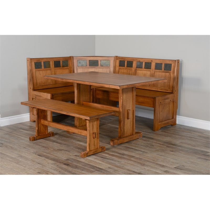 Maklaine Farmhouse Wood Breakfast Nook Set in Rustic Oak Finish