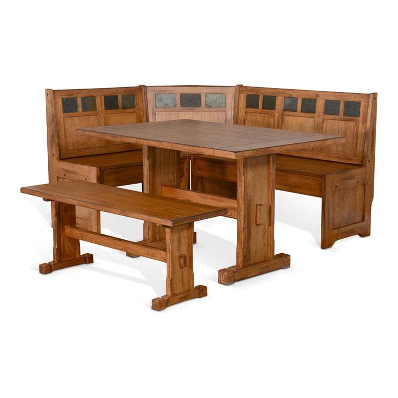 Maklaine Farmhouse Wood Breakfast Nook Set in Rustic Oak Finish